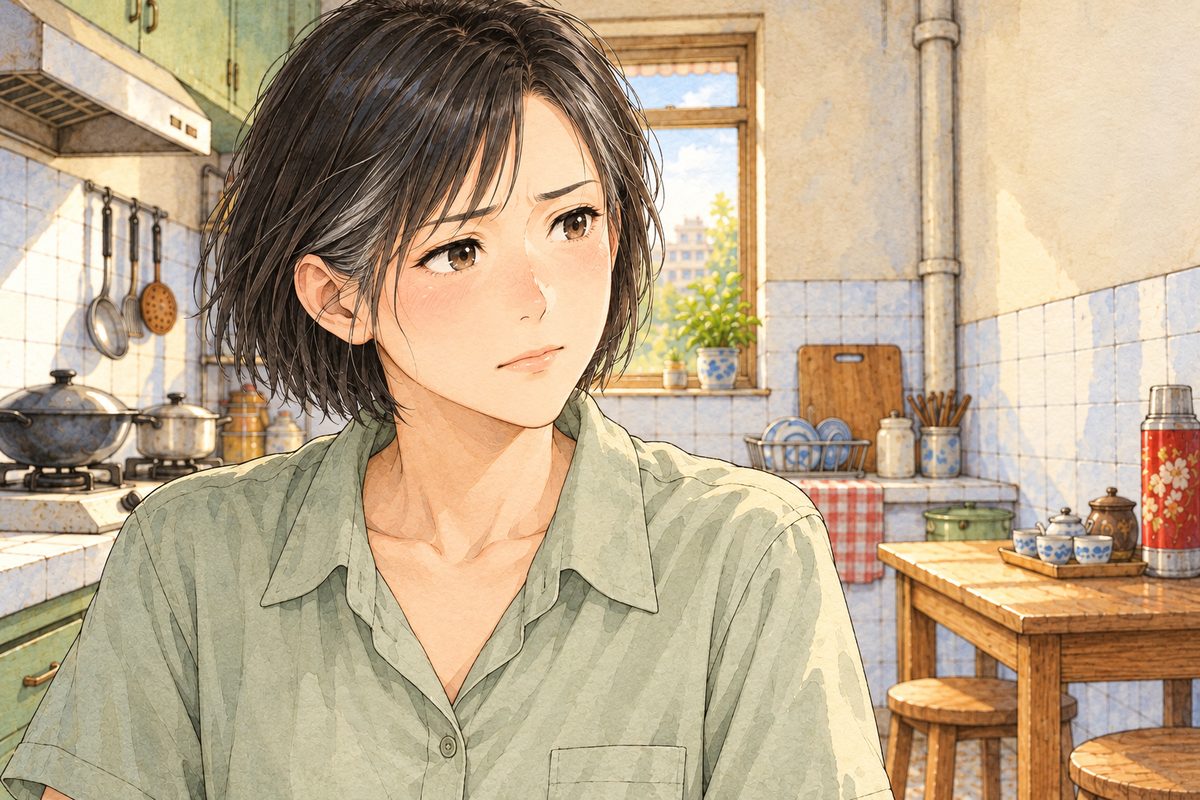 Dawn light. Mama, close, firm, looking RIGHT at Xiaoyu off panel. Her face in the upper middle of the panel. Her blouse below is the quiet area.