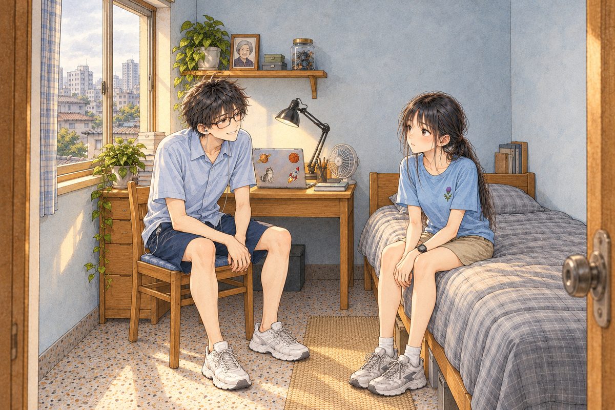 Wednesday, three in the afternoon, hot hazy light through the one small window on the LEFT wall, the desk fan turning. Haoran sits on his desk chair at the LEFT, turned round towards the room; behind him on the desk his laptop stands open with its back half to us and its glow on the desk. Xiaoyu sits on the edge of his single bed on the RIGHT. On the shelf above the desk, a small framed photo of his grandma. Two faces in the middle band. The wall above is the quiet area.