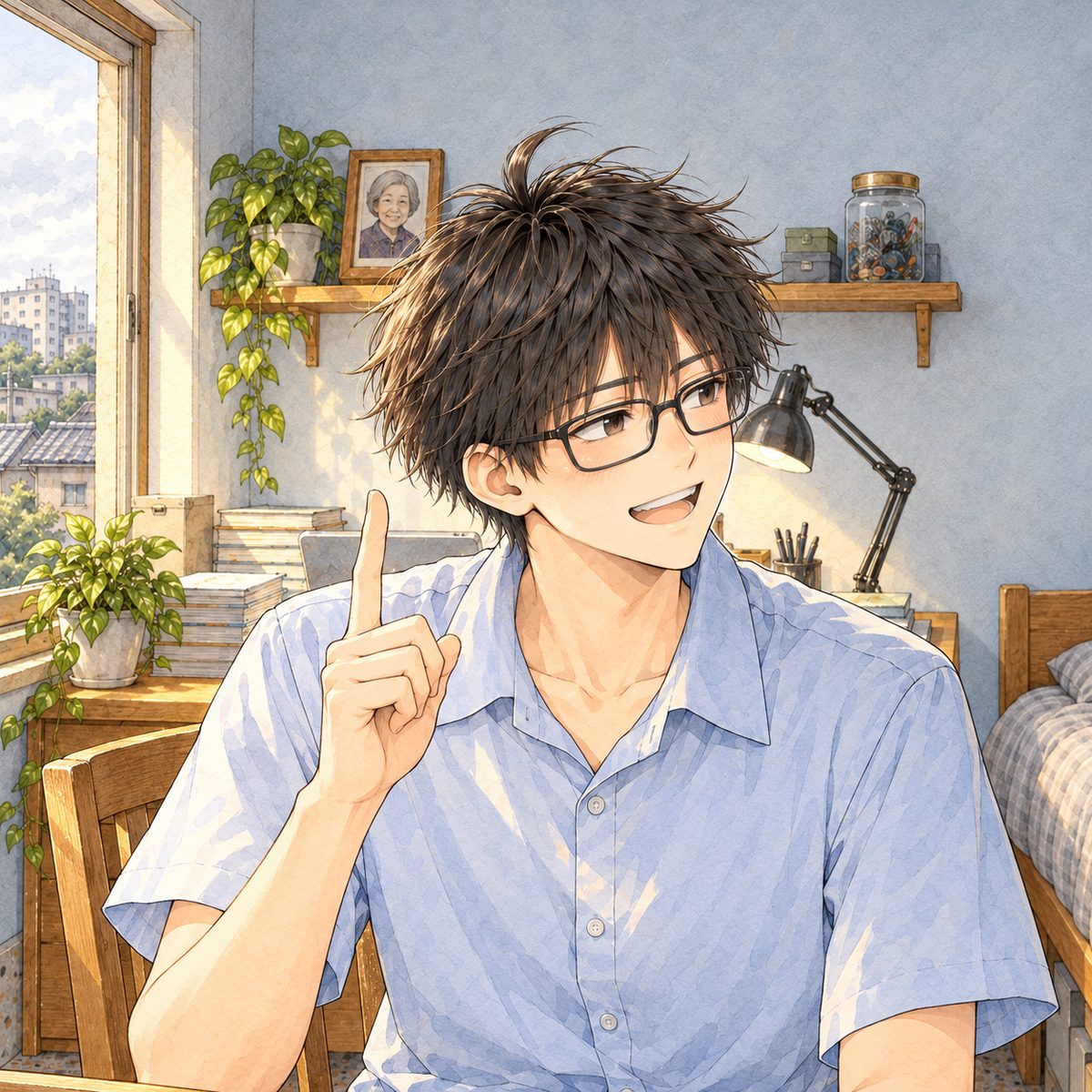 Afternoon light from the window. Haoran raises one finger of his RIGHT hand, explaining, looking RIGHT at Xiaoyu off panel, so the ear we see is his bare RIGHT ear. His face in the middle of the panel. His pale blue shirt below is the quiet area.