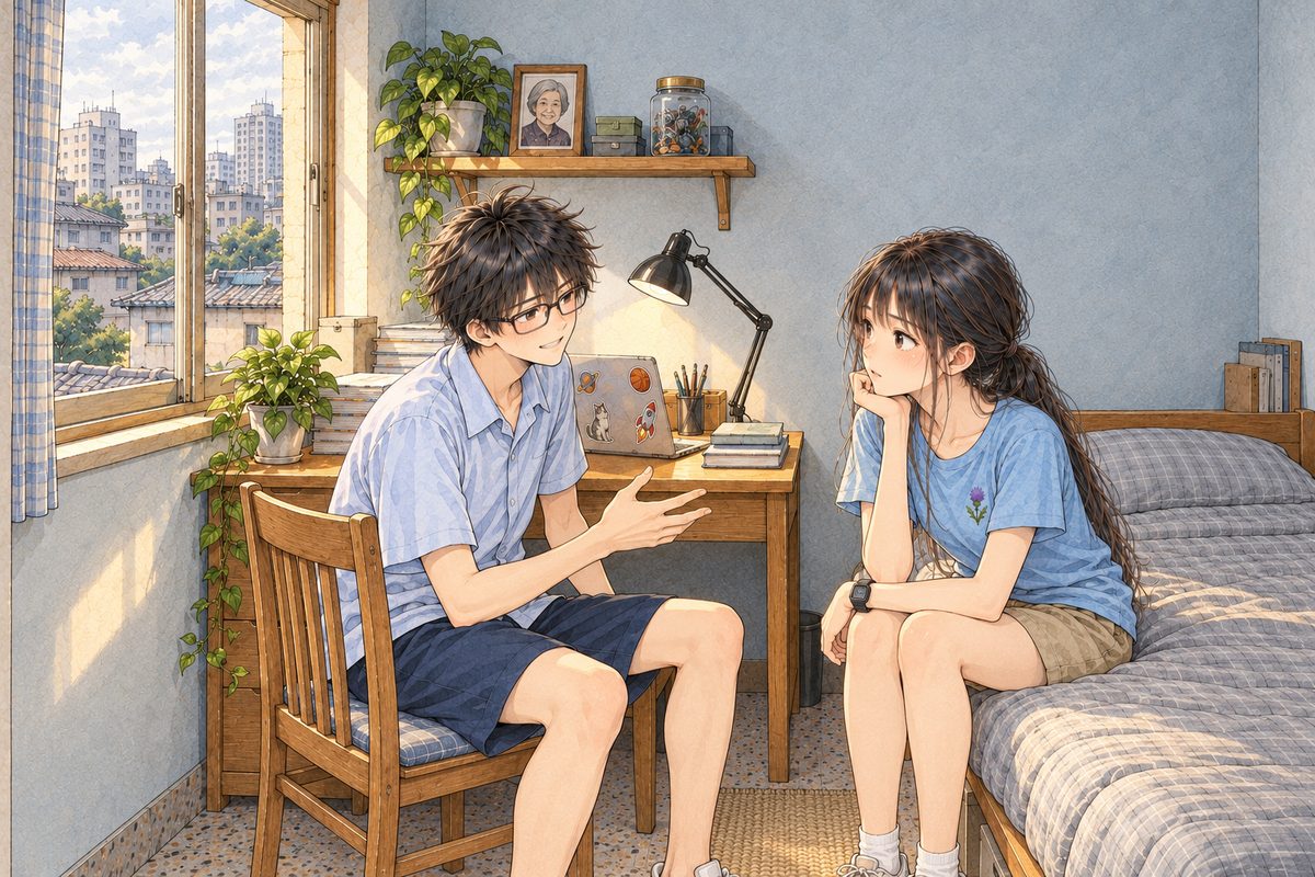 Afternoon light. Haoran on the LEFT and Xiaoyu on the RIGHT, close together at the desk and bed, looking at each other, Haoran explaining. Two faces in the lower middle of the panel. The wall above, with the shelf and the small framed photo, is the quiet area for the box.