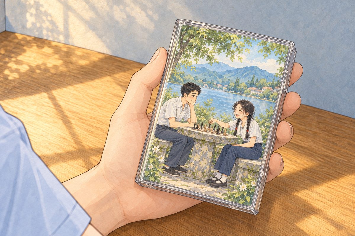 Afternoon light. The new cassette in its clear case lies flat on Haoran's open RIGHT palm, his thumb on the front, his pale blue shirt cuff showing. Its small paper insert shows, in the same simple manga style and soft colours as the young Grandpa and young Meilan sheets, a drawing of young Grandpa and young Meilan at a stone chess table by a lake in summer 1975; NOT a photo-real picture, and no letters on it. No faces. The desk around is quiet.