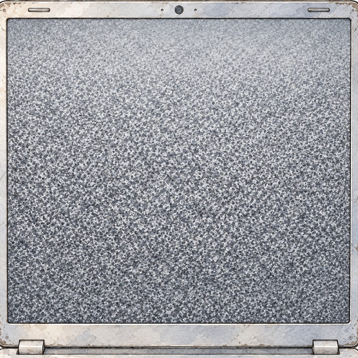 Afternoon. The laptop screen fills the panel: grey static, like snow on an old television, with nothing in it. No faces.