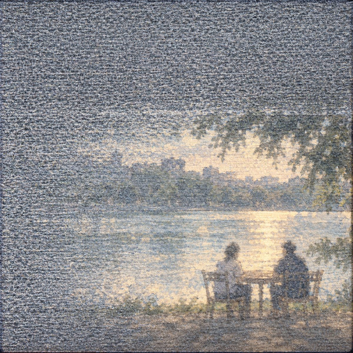 Afternoon. The laptop screen fills the panel: the same grey snow, half cleared, with soft blurred shapes coming through, a lake, a table and two small figures. No faces, no letters.