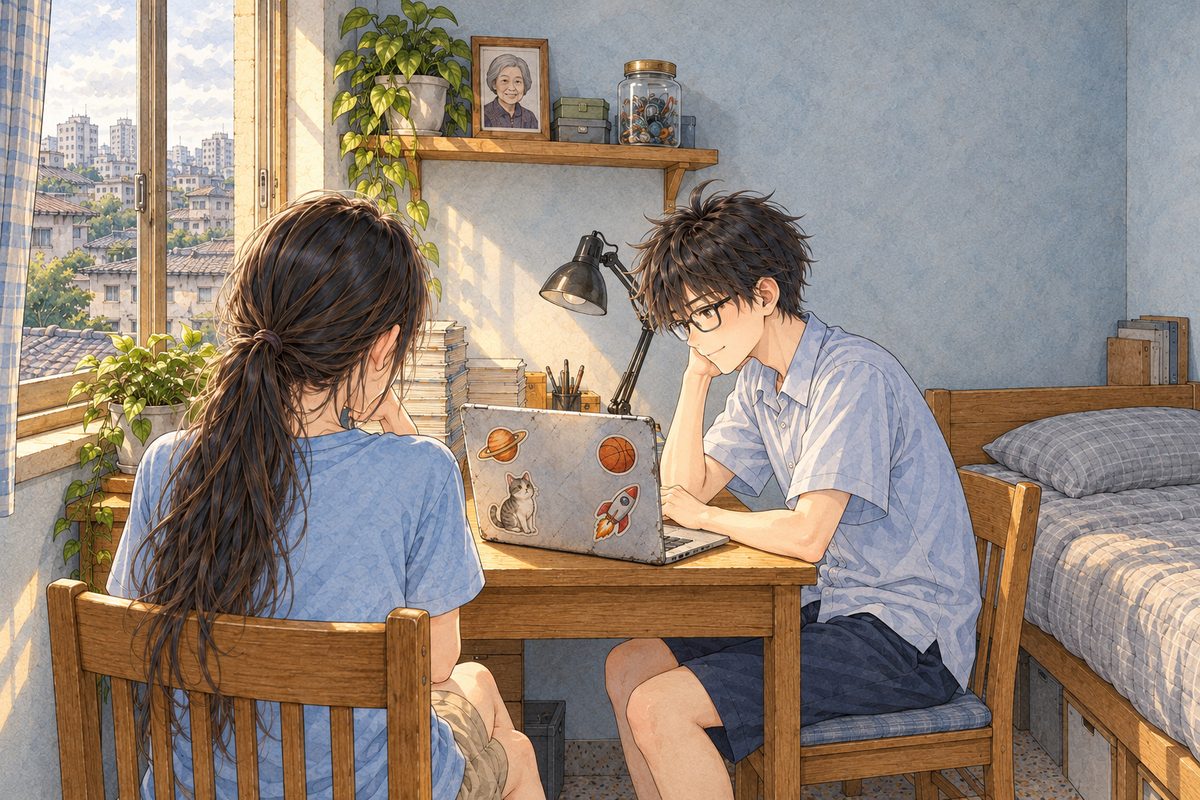 Afternoon light. From behind Xiaoyu on the LEFT in the foreground, we see her back and ponytail; across from her at the RIGHT, Haoran sits at the desk in profile, both looking at the laptop between them, whose back is to us and whose glow shows on his glasses. His face alone is visible, in the lower middle of the panel. The wall above is the quiet area for the box.