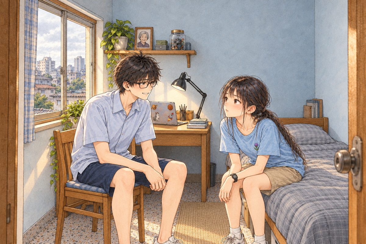 Afternoon light. Haoran on the LEFT, his chair turned to face Xiaoyu, who sits forward on the edge of the bed on the RIGHT, elbows on her knees, her black watch on her LEFT wrist. Two faces in the lower middle of the panel. The wall above is the quiet area for the box.