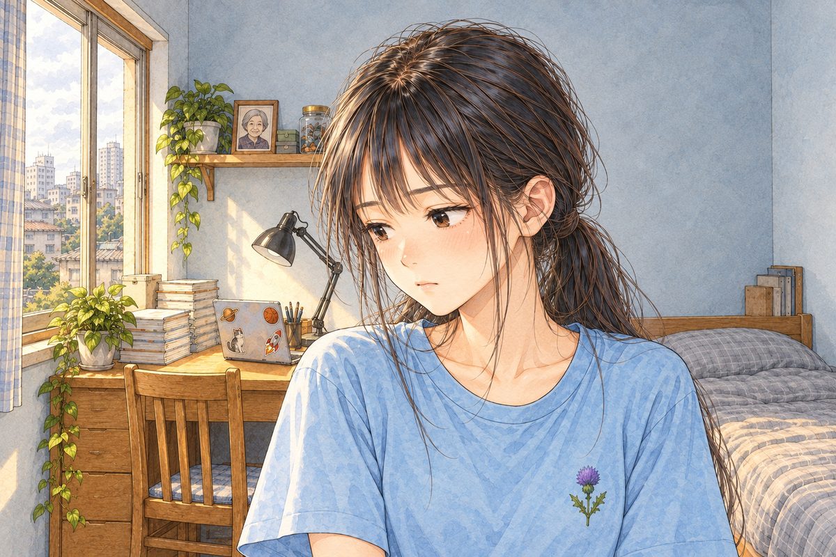 Afternoon light. Xiaoyu looks down and to the LEFT, her thoughts far away. Her face in the middle of the panel. Her t-shirt below is the quiet area.