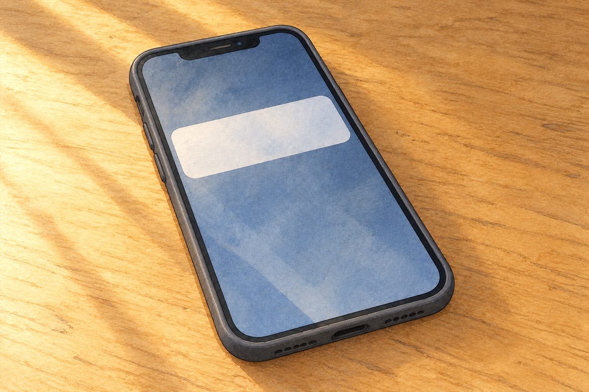 Afternoon light. Haoran's plain black phone lies flat on the desk, its screen lit with a message banner. The banner is painted BLANK; the words are lettered in afterwards. No faces, no hands. The desk around is quiet.
