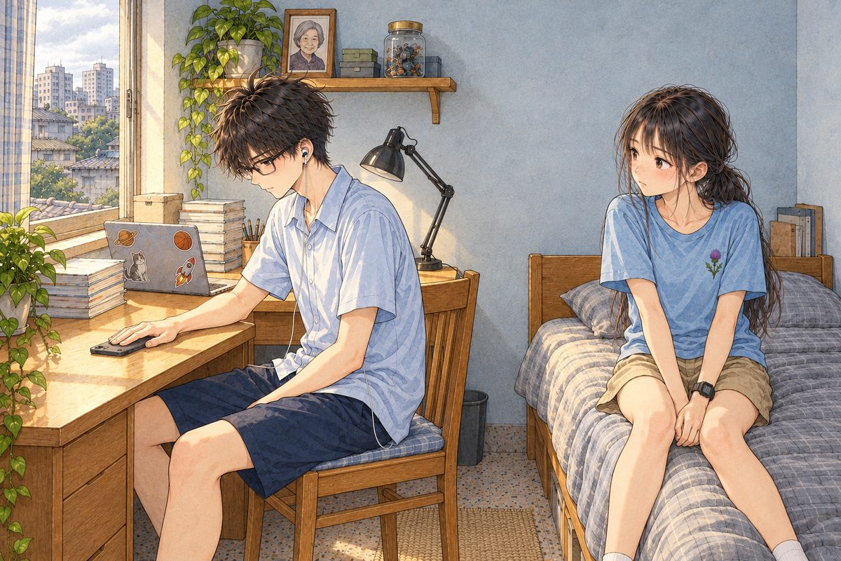 Afternoon light. Haoran, on the LEFT, turns the phone face down on the desk with his RIGHT hand, his palm flat on its back, not looking at Xiaoyu. Xiaoyu on the RIGHT, on the bed, watches him. Two faces in the middle band. The wall above is the quiet area.