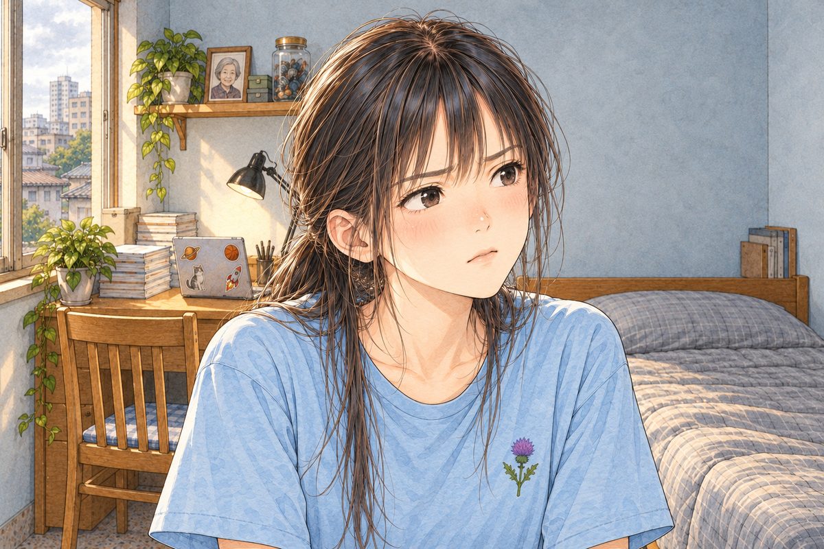 Afternoon light. Xiaoyu, close, looks RIGHT at Haoran off panel, her eyes narrowing a little. Her face in the upper middle of the panel. Her t-shirt below is the quiet area.