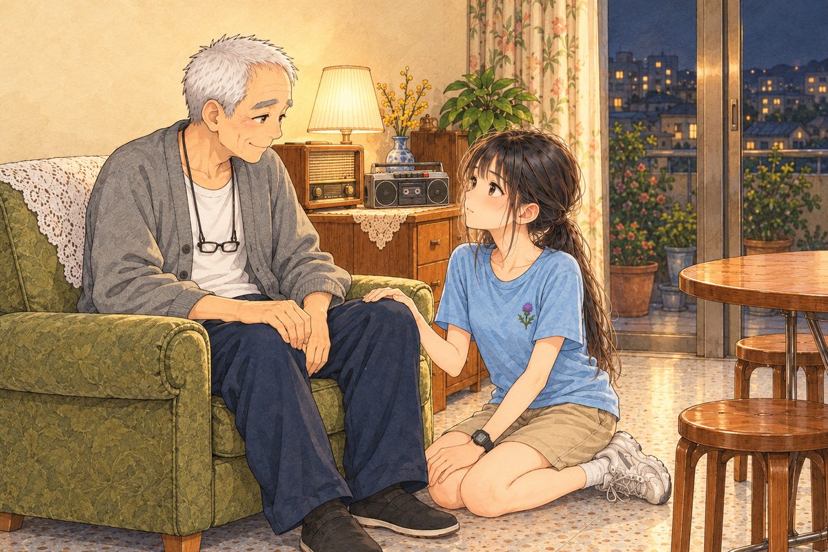 Wednesday evening, eight o'clock, night at the balcony glass, the lamp on. Grandpa sits in the olive armchair on the LEFT in his grey cardigan, the tape player on the side table beside him. Xiaoyu kneels on the floor beside the arm of the chair on the RIGHT, her LEFT hand on his knee, her black watch on that wrist, looking up at him. Two faces in the middle band. The wall above is the quiet area.
