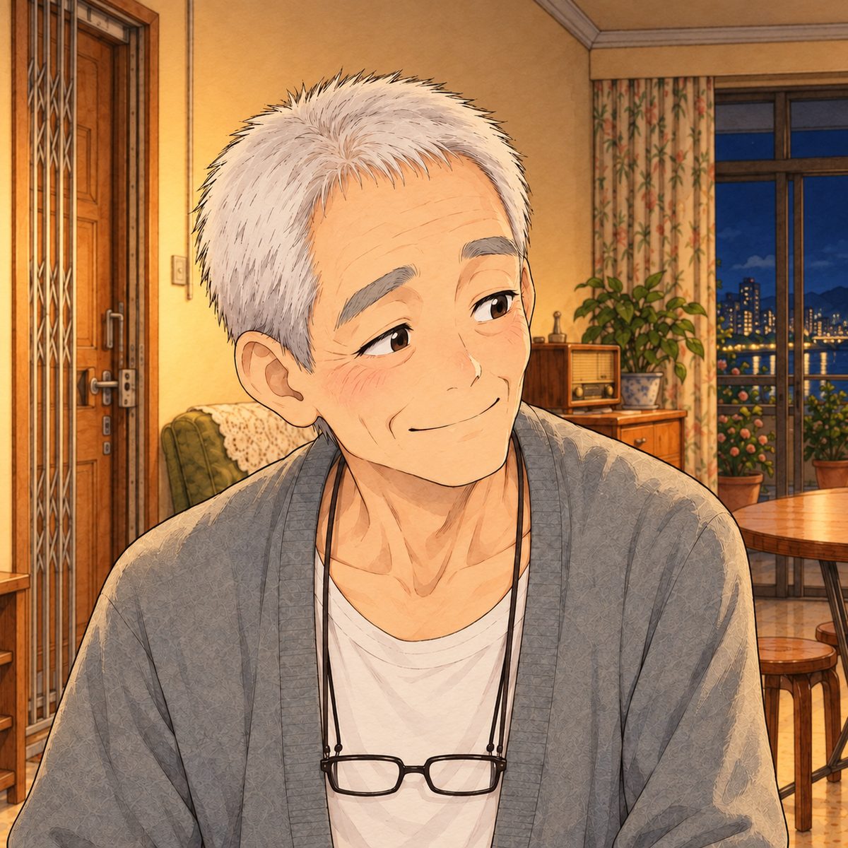 Lamplight. Grandpa, clear-eyed and amused, looks down and to the RIGHT at Xiaoyu off panel. His face in the middle of the panel. His cardigan below is the quiet area.