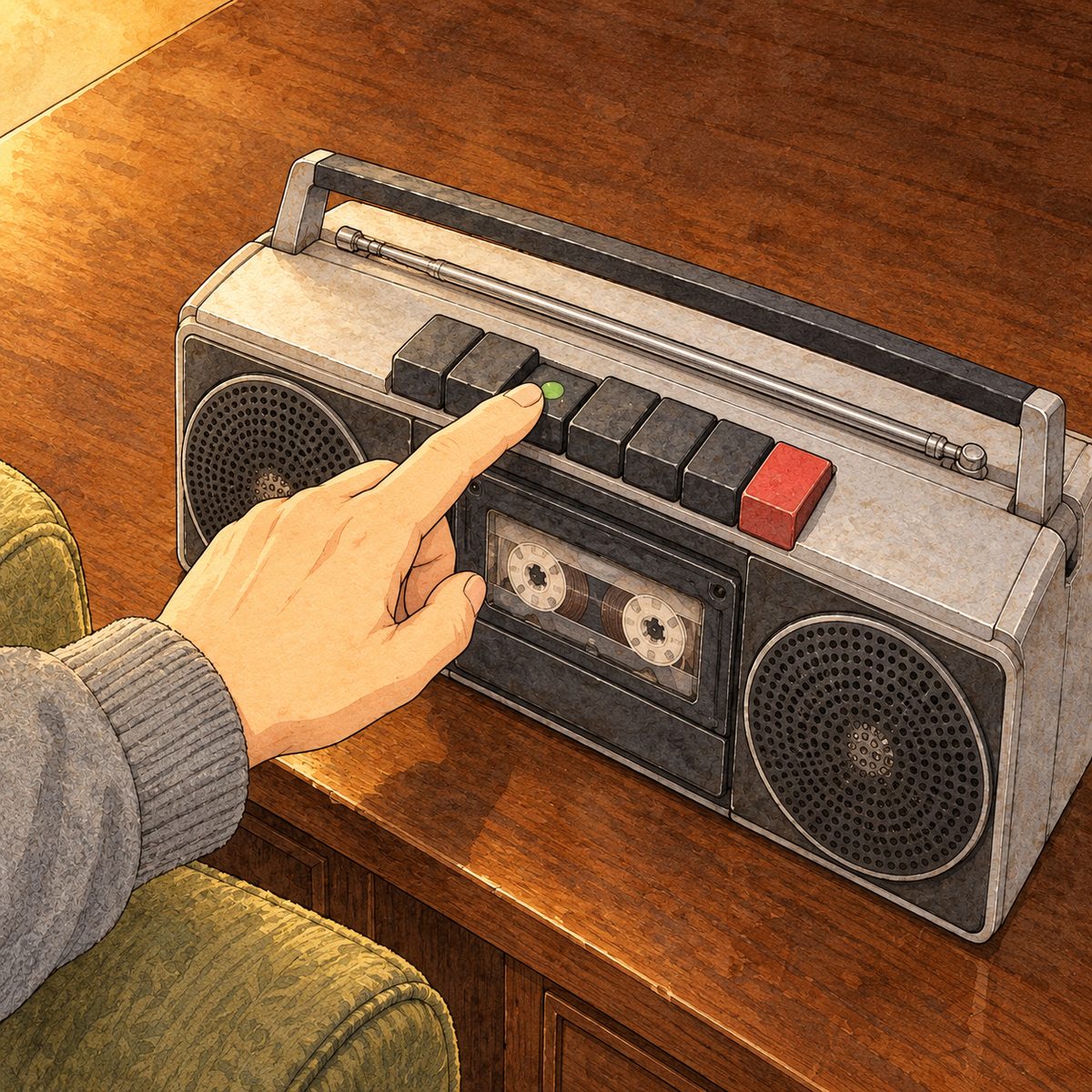 Lamplight. Close on the top of the silver tape player: Grandpa's RIGHT forefinger presses down the long PLAY key with the worn green dot, his grey cardigan cuff above. A smooth simple manga hand. No face. The dark wood of the side table is quiet.