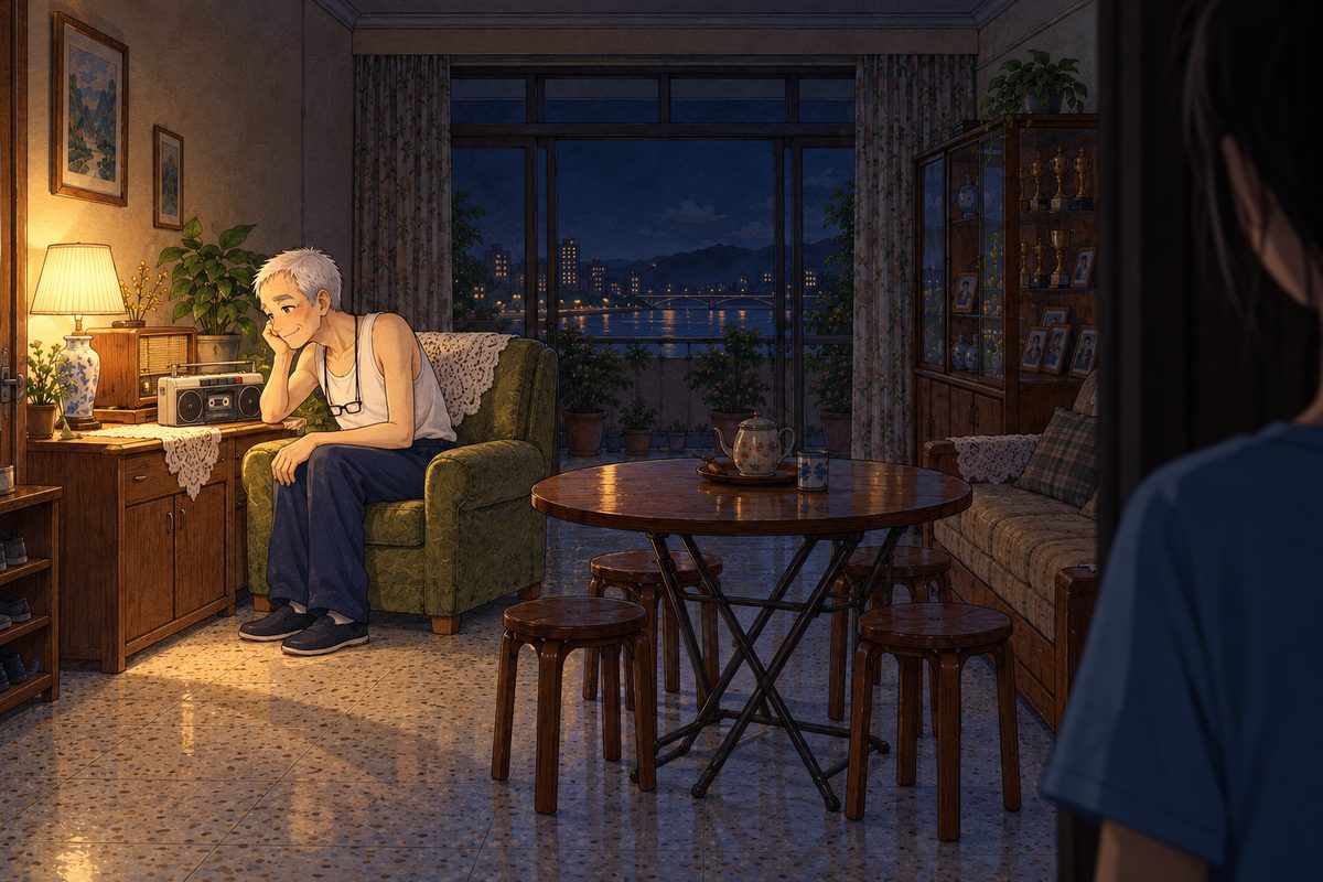 Eleven at night, the room dark except the lamp by the armchair. Seen from Xiaoyu's bedroom doorway on the RIGHT: the dark edge of the door frame and the back of her shoulder in her sky-blue t-shirt at the RIGHT edge of the picture, in shadow. Across the room on the LEFT, Grandpa sits alone in the olive armchair in his white vest, no cardigan, leaning towards the tape player on the side table as if to someone, his face in three-quarter in the lamplight. One face. The dark wall above is the quiet area.