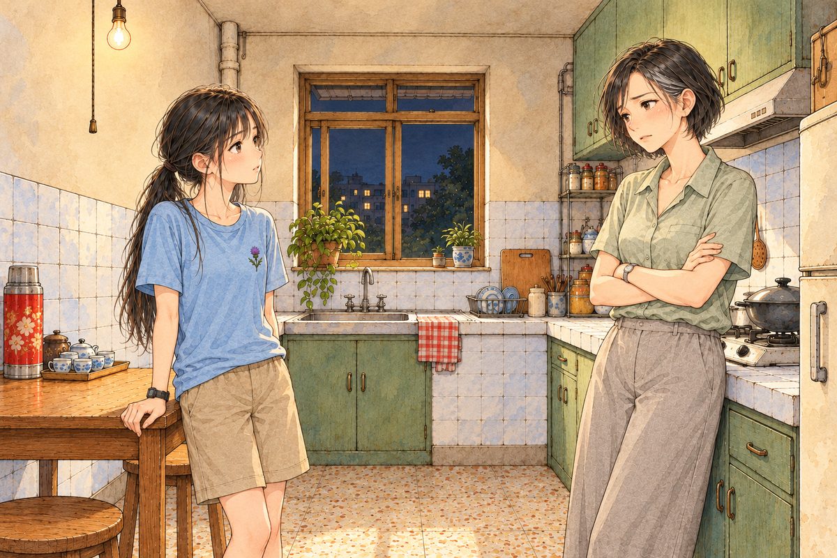 Thursday night, nine o'clock, the bare kitchen bulb. Mama leans back against the counter on the RIGHT, quiet and urgent, her arms folded. Xiaoyu stands on the LEFT by the small table, looking at her. Two faces in the middle band. The wall above is the quiet area.