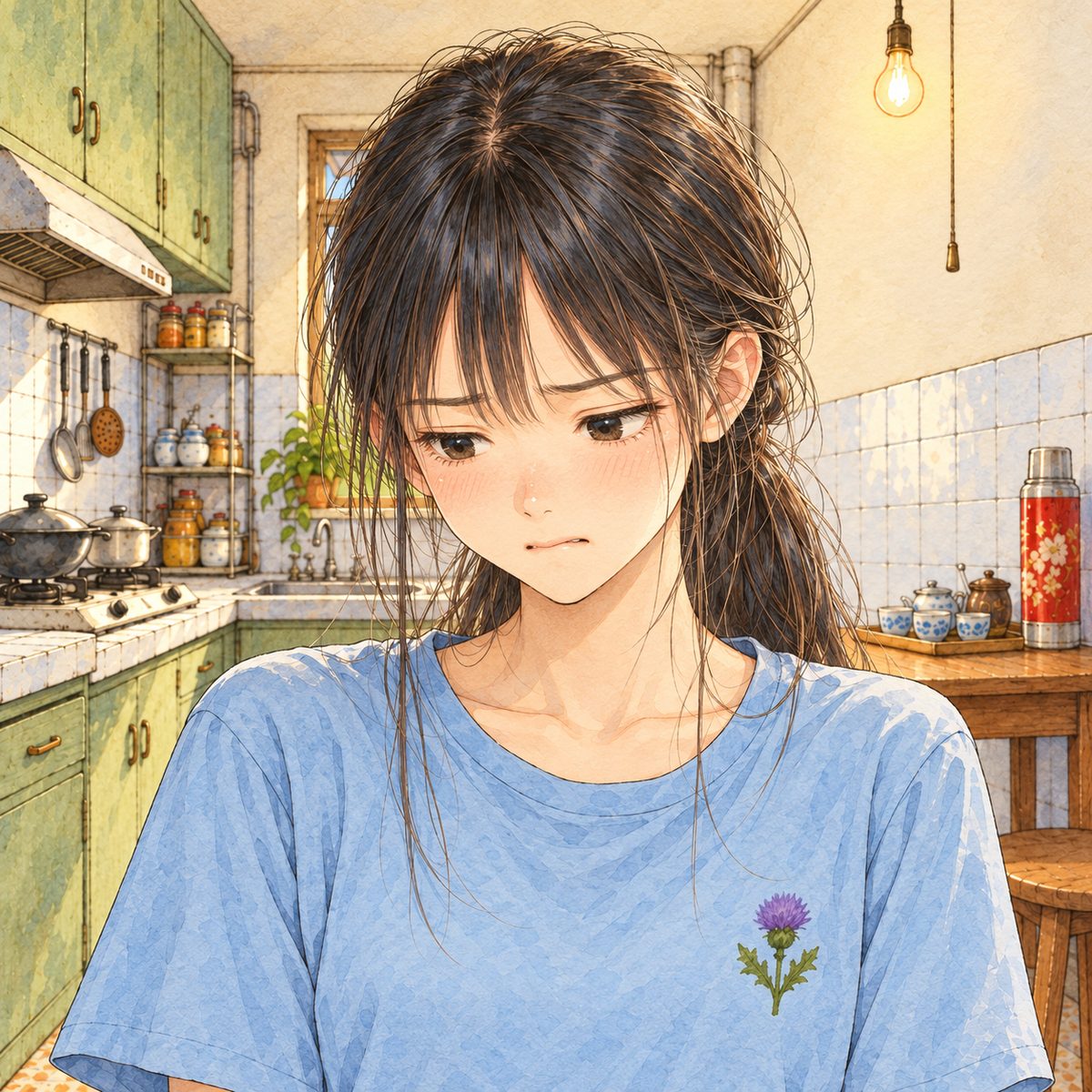 Kitchen bulb light. Xiaoyu, close, looks down, unsure, biting her lip. Her face in the middle of the panel. Her t-shirt below is the quiet area.