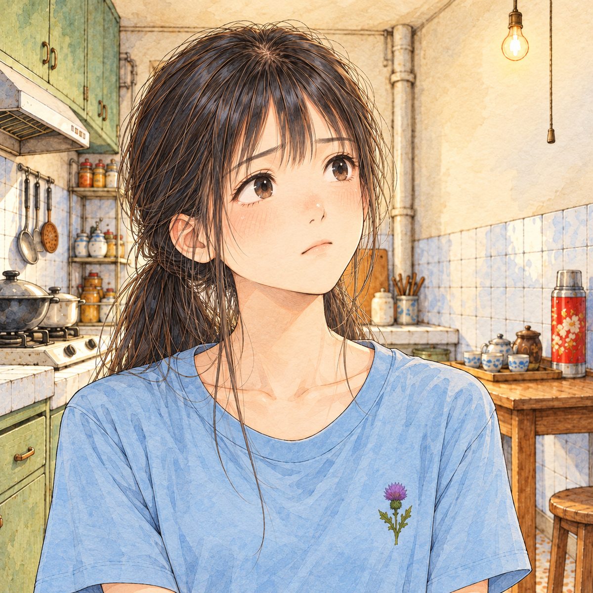 Kitchen bulb light. Xiaoyu looks up and to the RIGHT at Mama off panel, giving in. Her face in the middle of the panel. Her t-shirt below is the quiet area.
