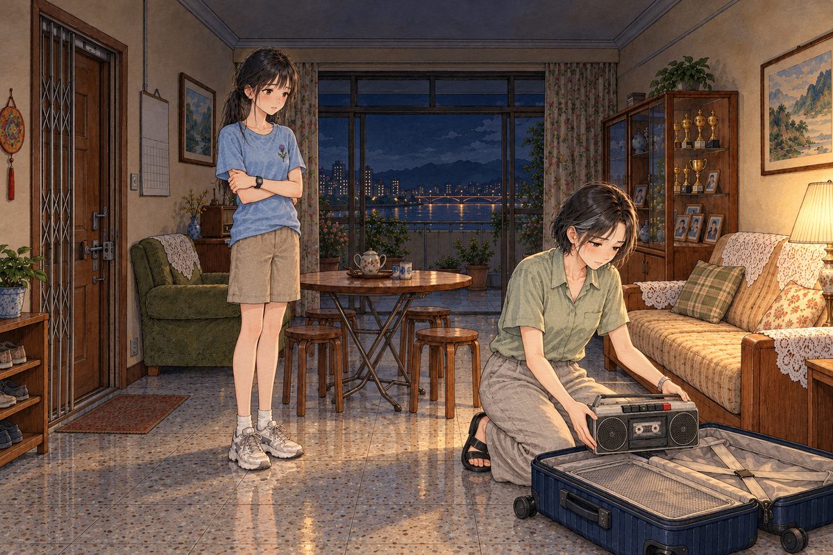 Ten at night, the living room dark except the lamp by the sofa. Mama kneels on the floor by the sofa on the RIGHT, lowering the silver tape player into her open navy suitcase with both hands. Xiaoyu stands on the LEFT by the round table, her arms wrapped round herself. The wooden side table at the far LEFT stands empty beside the old brown radio. Two faces in the middle band. The dark ceiling above is the quiet area.