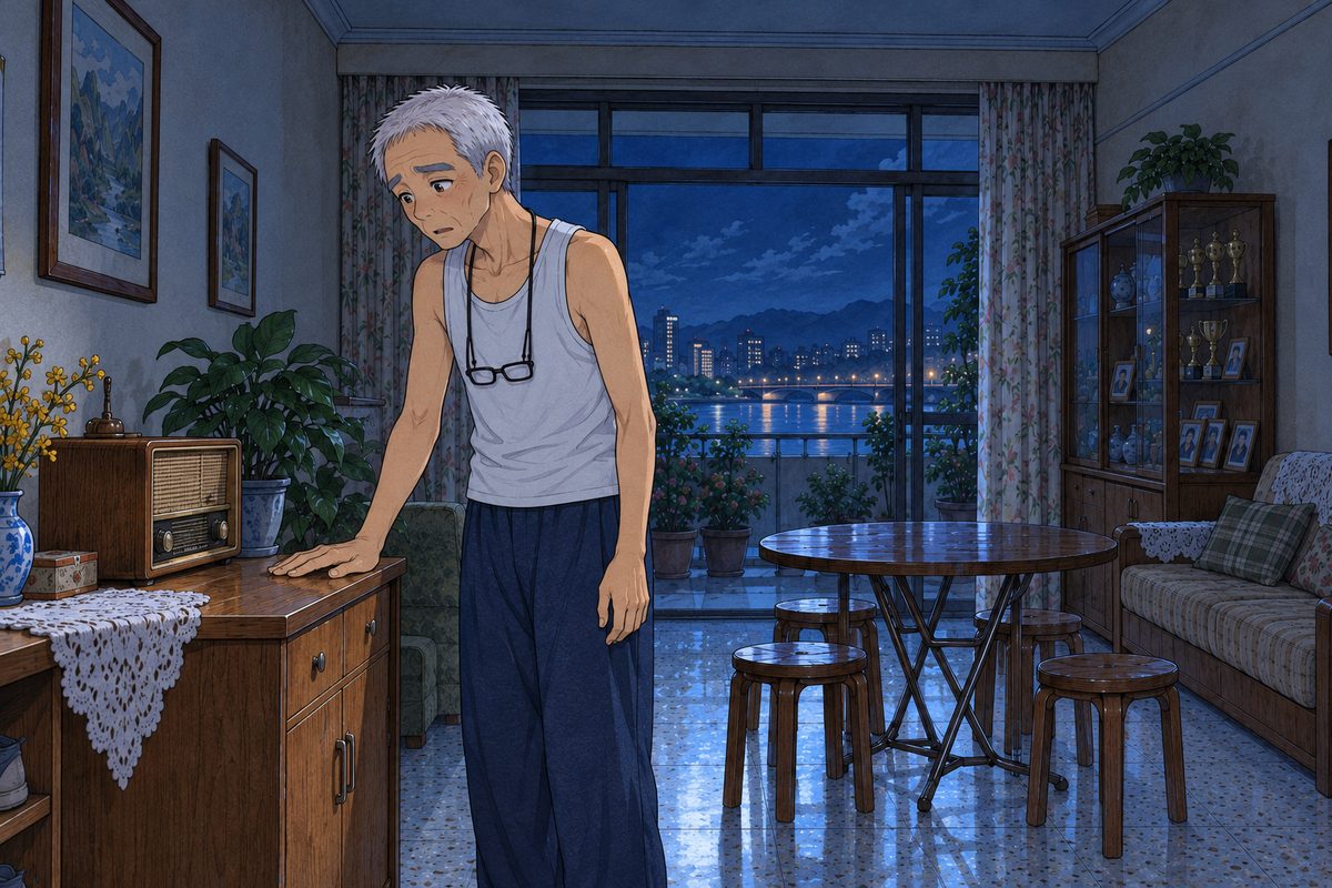 Friday, two in the morning, the living room dark, cold blue street light through the balcony glass, no lamp. Grandpa stands at the wooden side table on the LEFT in his white vest and dark trousers, no cardigan, his RIGHT hand flat on the empty spot beside the old brown radio. His face in three-quarter, lit blue, puzzled. The people are solid and opaque; reflections only on empty glass. The dark wall above is the quiet area.
