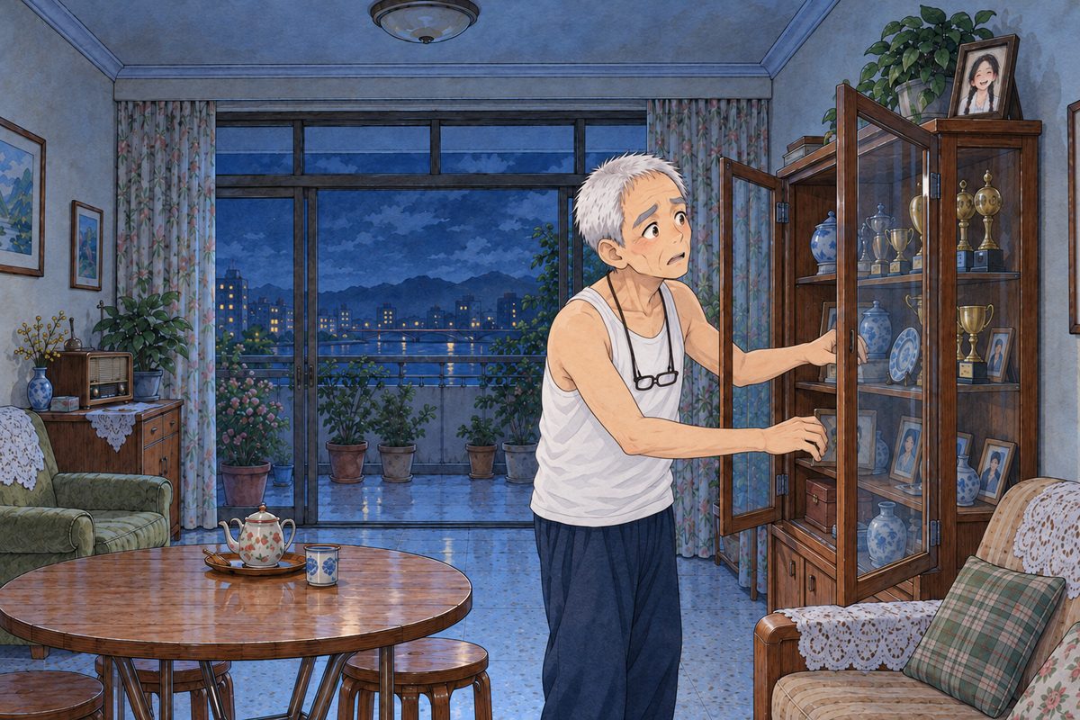 Two in the morning, cold blue light. Grandpa stands at the glass cabinet at the RIGHT, both doors open, searching the shelves with both hands, frightened. On top of the cabinet Meilan's small photo faces the room. His face in three-quarter in the middle of the panel. His white vest below is the quiet area.