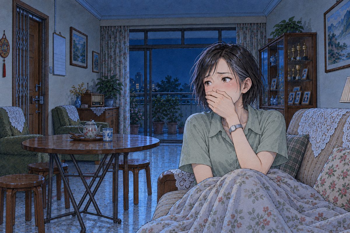 Two in the morning, cold blue light. Mama sits up on the sofa under a thin cotton blanket, one hand over her mouth, her eyes wide, lit blue, looking LEFT towards him. Her face in the middle of the panel. The dark wall above is quiet.