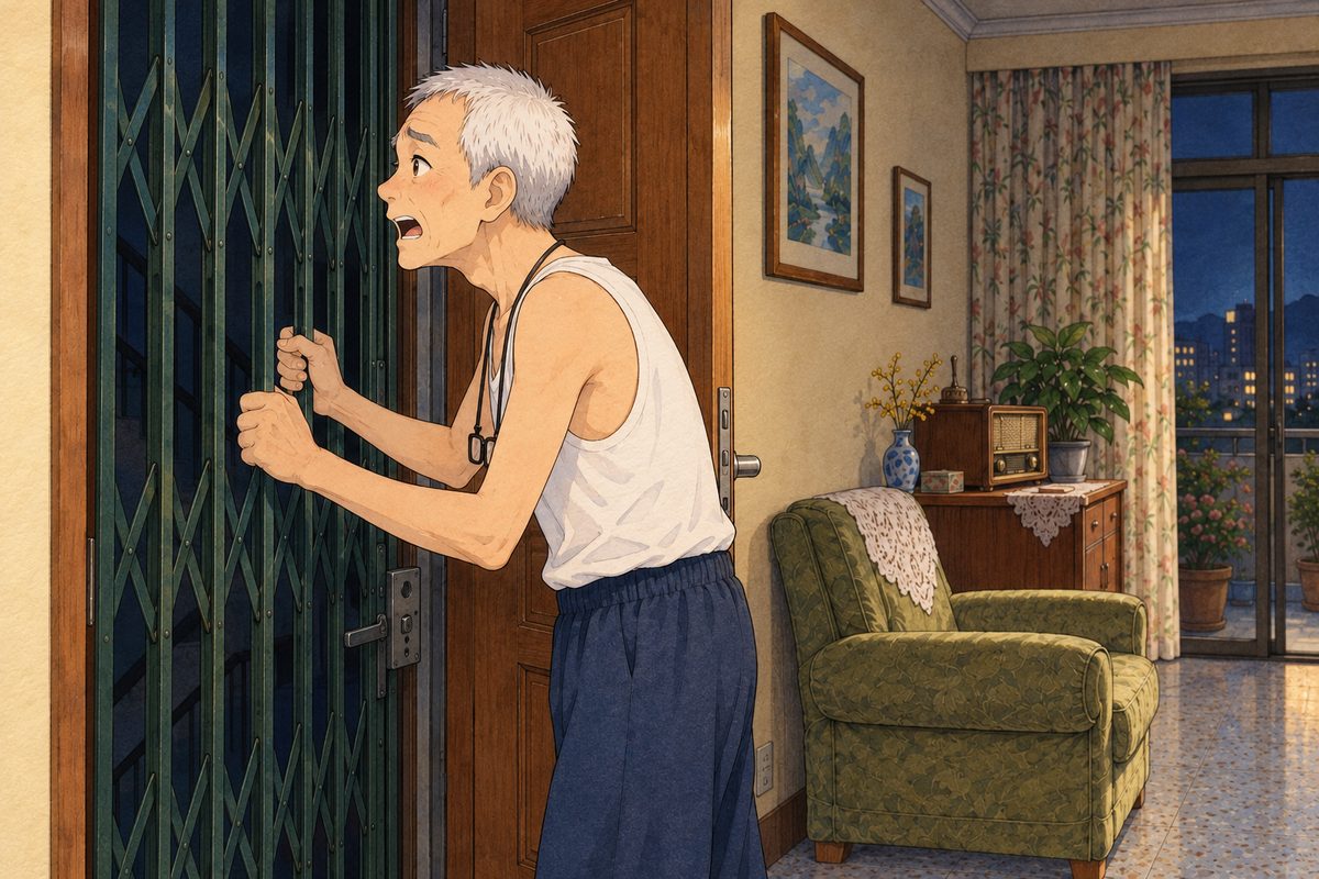 Two in the morning, the dark stairwell beyond. Grandpa stands at the front door in the LEFT wall in his white vest, gripping the dark green metal security gate with both hands and shaking it, calling out into the dark stairwell. His face in profile in the middle band. The dark door and wall below are the quiet area.