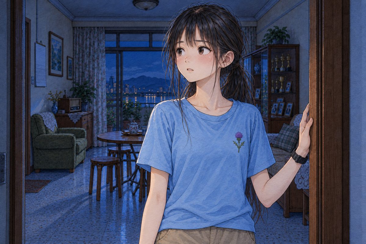 Two in the morning, cold blue light on her face. Xiaoyu stands frozen in her bedroom doorway, still in her sky-blue t-shirt and khaki shorts, her LEFT hand on the door frame, her black watch on that wrist, looking LEFT. Her face in the upper middle of the panel. The dark door frame below is the quiet area.
