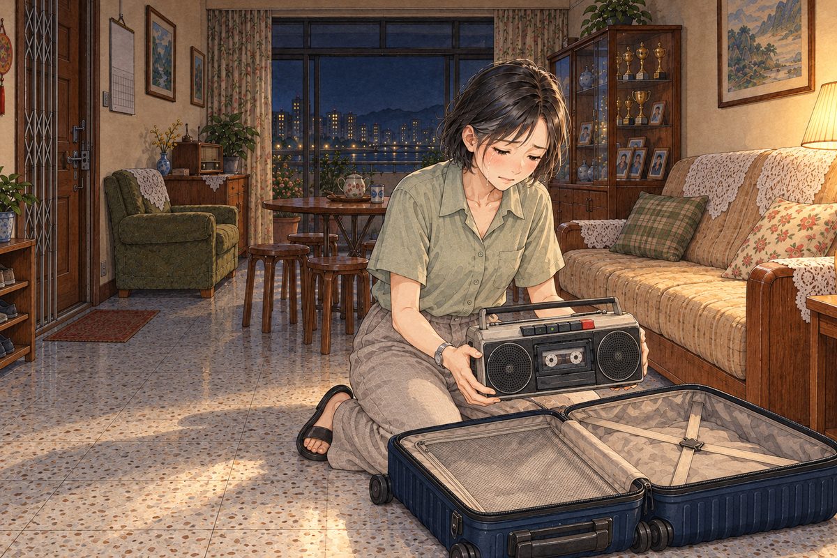 Three in the morning, the lamp by the sofa now on, a warm small pool of light. Mama kneels on the floor by the sofa, the navy suitcase open, lifting the silver tape player out with both hands, tears on her face. One face. The dim wall above is the quiet area.