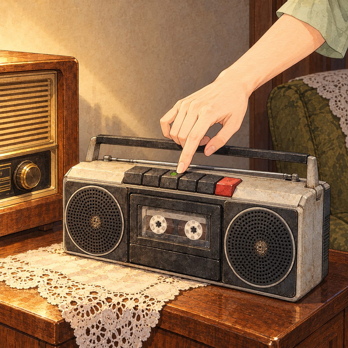 Three in the morning, lamplight. Close on the silver tape player, back on the wooden side table beside the old brown radio, Mama's RIGHT forefinger pressing the long PLAY key, her pale sage-green sleeve above. No face. The dark wood around is quiet.