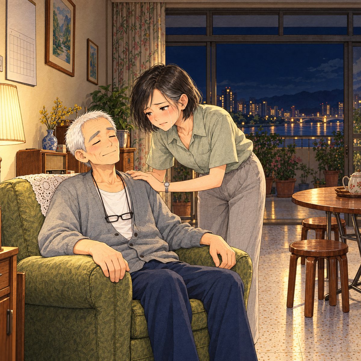 Three in the morning, lamplight. Grandpa sinks back into the olive armchair on the LEFT, his eyes closing, calmer. Mama bends over him from the RIGHT, her hand on his shoulder, tears still on her face. Two faces in the middle band. The dark wall below the lamp is the quiet area.