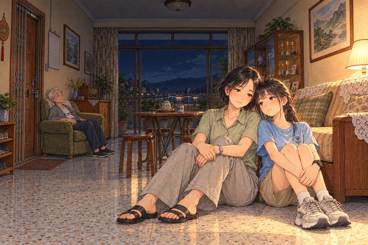 Half past three in the morning, the lamp on. Mama on the LEFT and Xiaoyu on the RIGHT sit on the floor with their backs against the sofa, side by side, their shoulders touching. Far away on the LEFT, small, Grandpa asleep in the olive armchair. Two faces in the middle band. The dark wall above is the quiet area.
