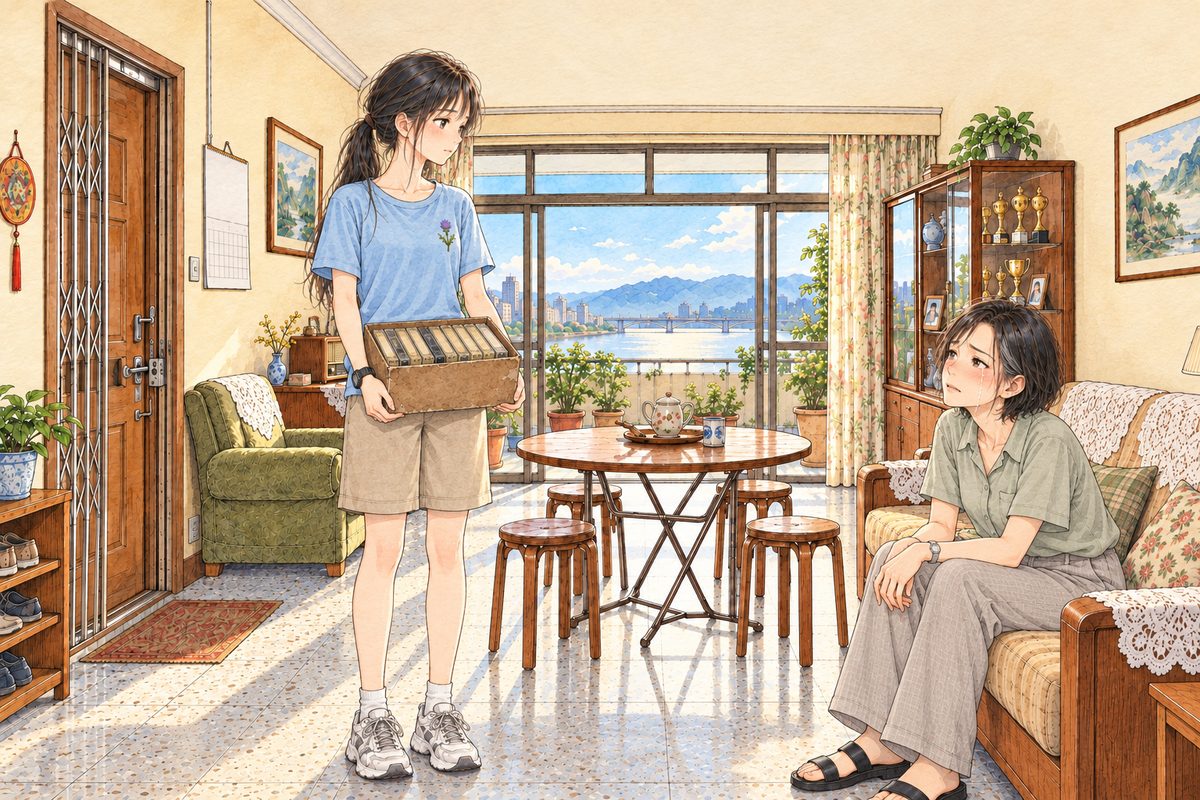 Friday morning, ten o'clock, bright sun through the balcony glass. Xiaoyu on the LEFT carries the old brown shoebox of cassettes in both hands, fetched from the bottom of the glass cabinet. Mama sits on the sofa on the RIGHT, red-eyed, looking up at her. Two faces in the middle band. The wall above is the quiet area.