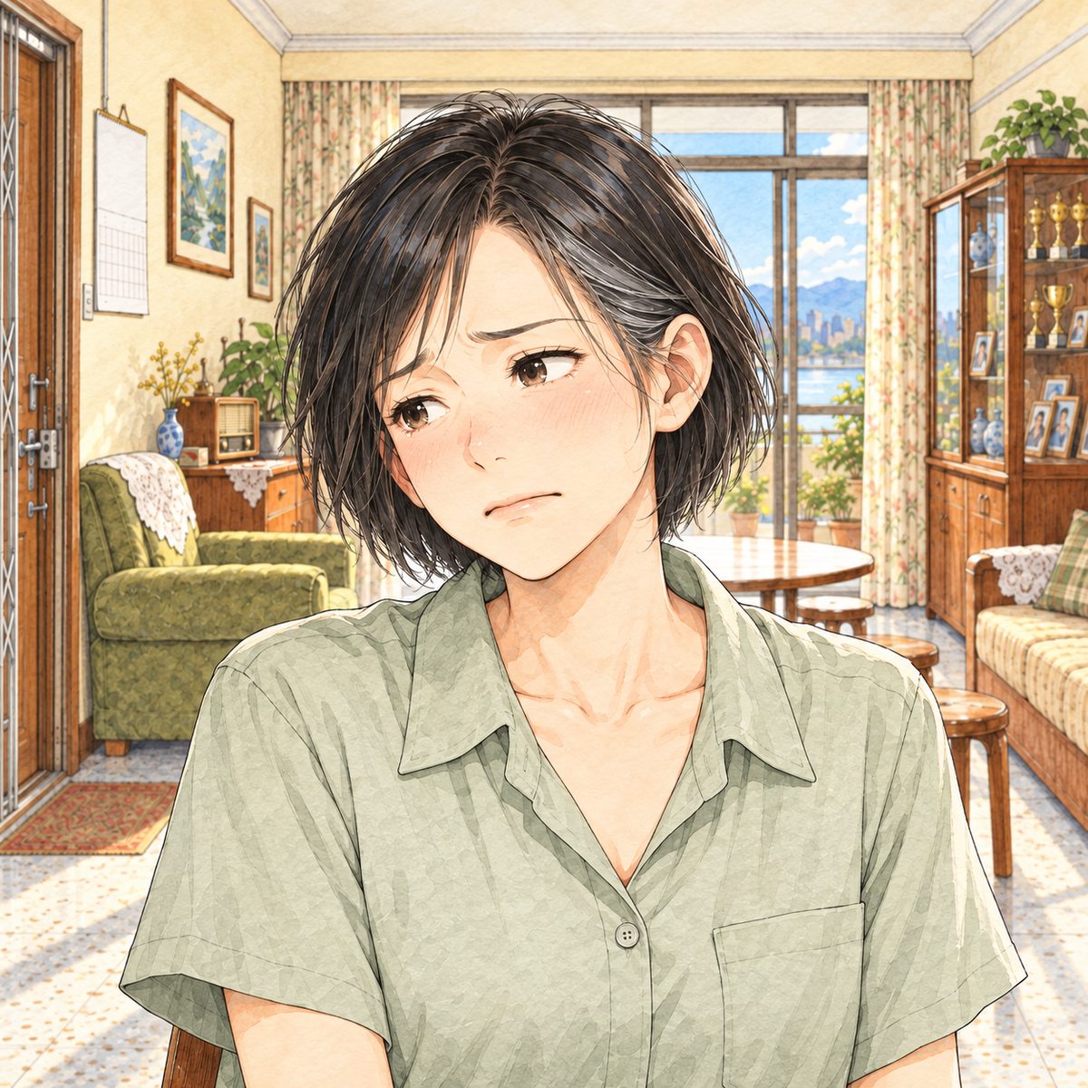 Morning light. Mama shakes her head a little, looking LEFT at Xiaoyu off panel, pained. Her face in the middle of the panel. Her blouse below is the quiet area.