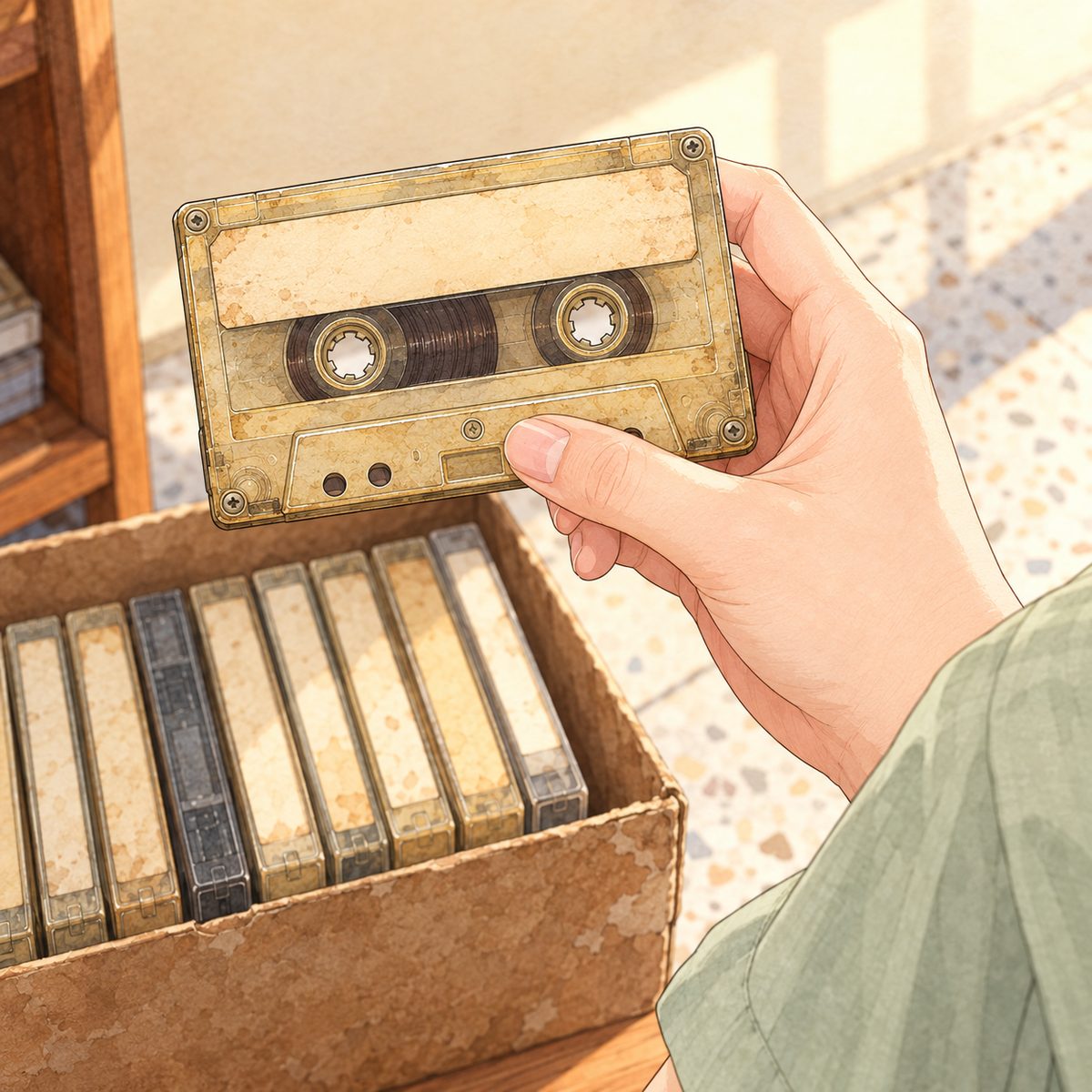 Morning light. One old cassette in Mama's RIGHT hand, her thumb on the front and her fingers behind, its yellowed paper label showing. The label is painted BLANK, with nothing written; the words are lettered in afterwards. No face. Her pale sage-green sleeve above. The shoebox blur below is quiet.