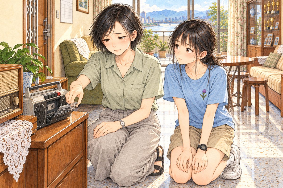 Morning light. Mama and Xiaoyu kneel side by side at the wooden side table. Mama on the LEFT pushes the old cassette into the player's open cassette door with her RIGHT hand; Xiaoyu on the RIGHT watches Mama's face. Two faces in the upper middle of the panel. The side table below is the quiet area.
