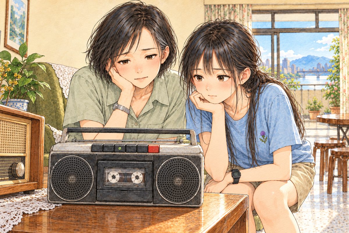 Morning light. Low shot: the silver tape player stands on the side table in the foreground, its reels turning, its speaker grilles facing us. Behind it, Mama and Xiaoyu lean in close, Mama on the LEFT, Xiaoyu on the RIGHT, listening. Two faces in the middle band. The wall above is the quiet area.