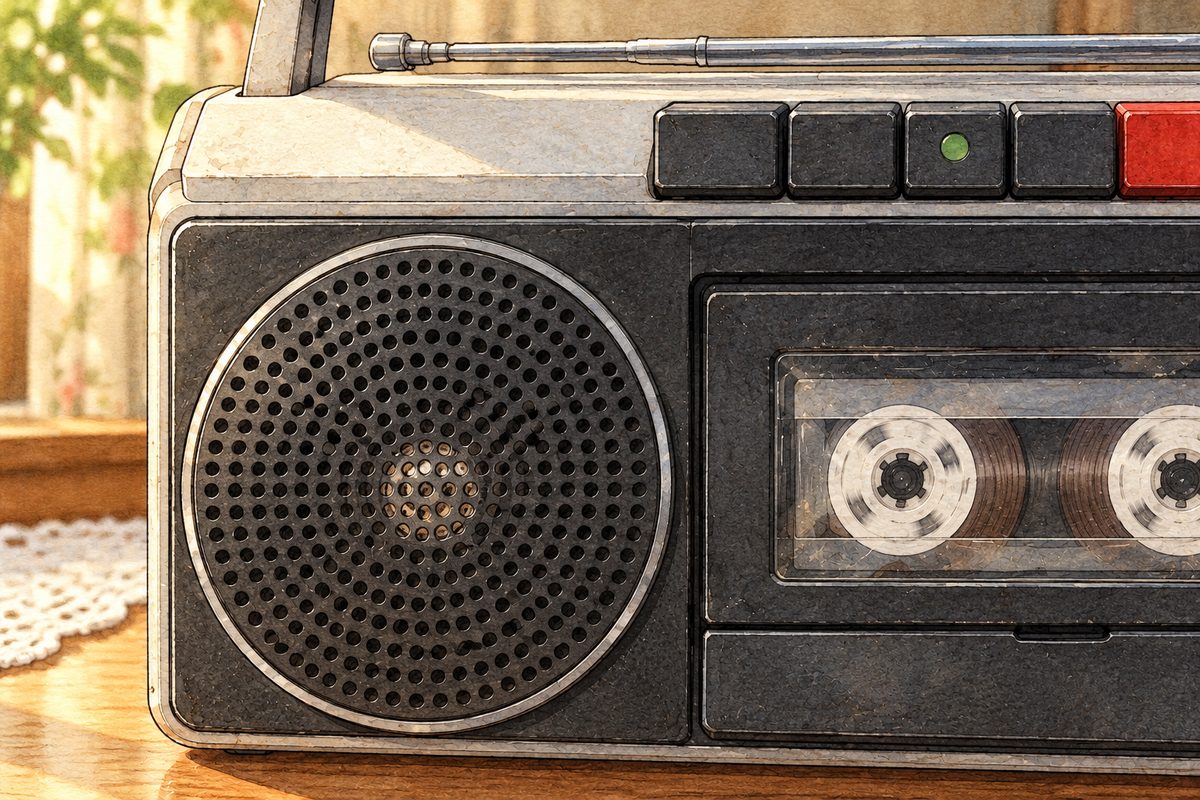 Morning light. Close on one round speaker grille of the silver tape player and the edge of the cassette window with its reels turning. No face. The silver front around is quiet.