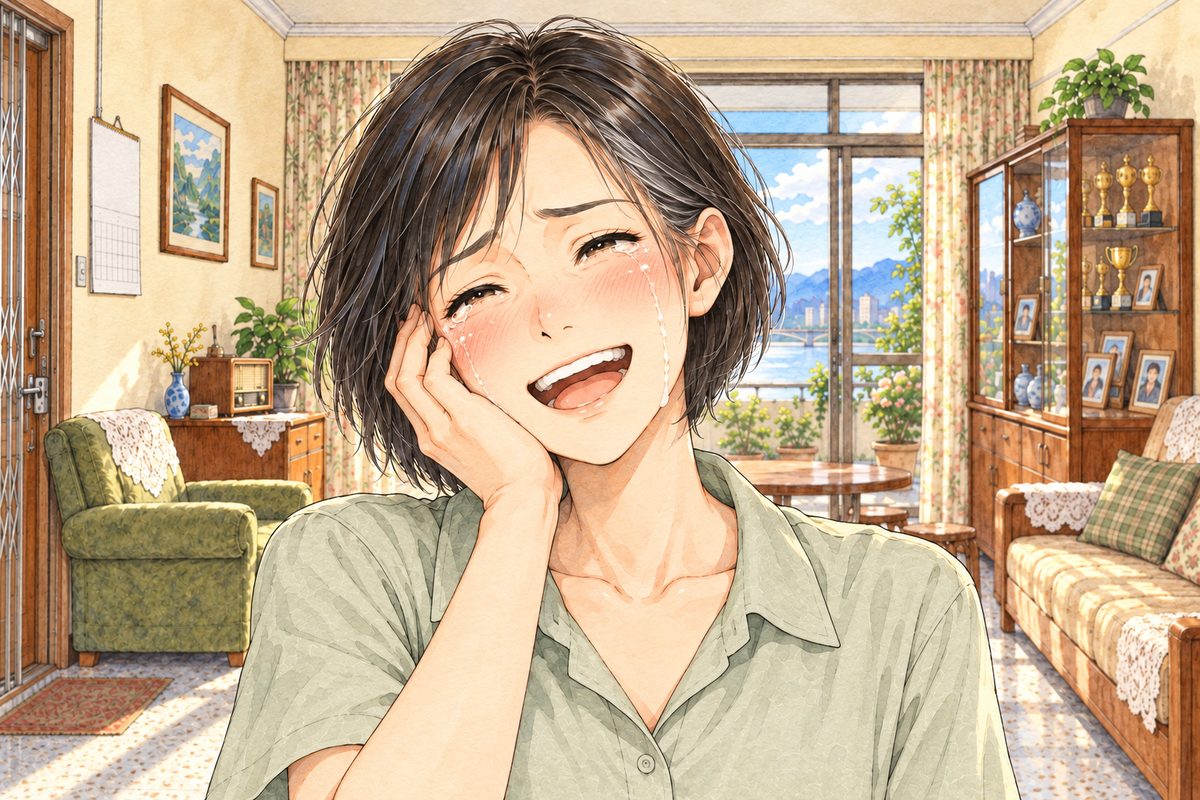 Morning light. Mama, close, laughing and crying at once, one hand on her own cheek. Her face in the middle of the panel. Her blouse below is the quiet area.