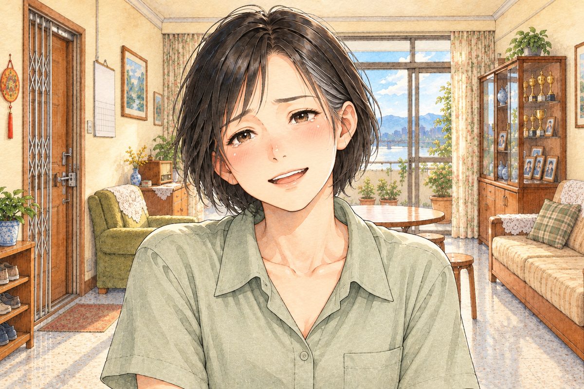 Morning light. Mama faces us, her eyes wet, a real smile. Her face in the upper middle of the panel. Her blouse below is the quiet area.