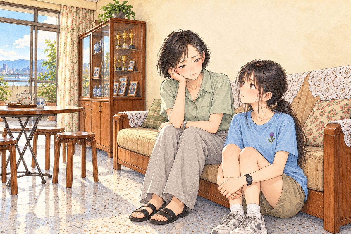 Morning light. Mama on the LEFT turns to Xiaoyu, who sits on the floor beside her on the RIGHT, listening. Two faces in the middle band. The wall above is the quiet area.