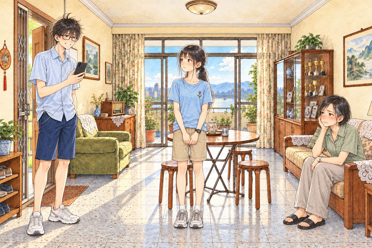 Friday, eleven in the morning, bright light. Haoran stands at the open front door in the LEFT wall, inside the dark green metal gate, his phone in his RIGHT hand, eager. Xiaoyu stands in the middle by the round table. Mama sits on the sofa at the RIGHT, red-eyed. Three faces in the middle band. The wall above is the quiet area.