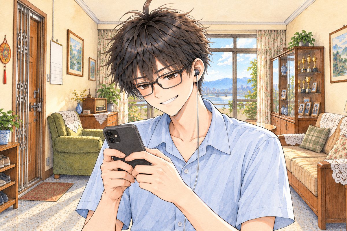 Bright morning. Haoran holds his phone the ordinary way in both hands, his thumbs on the screen, typing. We see the BACK of the phone and its glow on his glasses. He is turned three-quarters towards the VIEWER'S LEFT, so we see his LEFT ear with the one white earbud in it. His face in the middle of the panel. His shirt below is the quiet area.