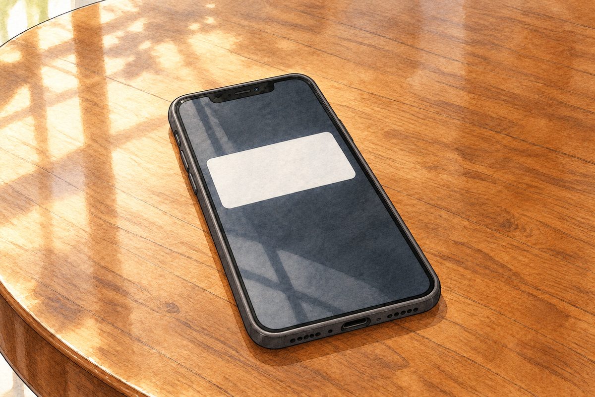 Bright morning. Haoran's plain black phone lies flat on the round folding table, its screen showing a plain text box. The text box is painted BLANK; the words are lettered in afterwards. No faces, no hands. The tabletop around is quiet.