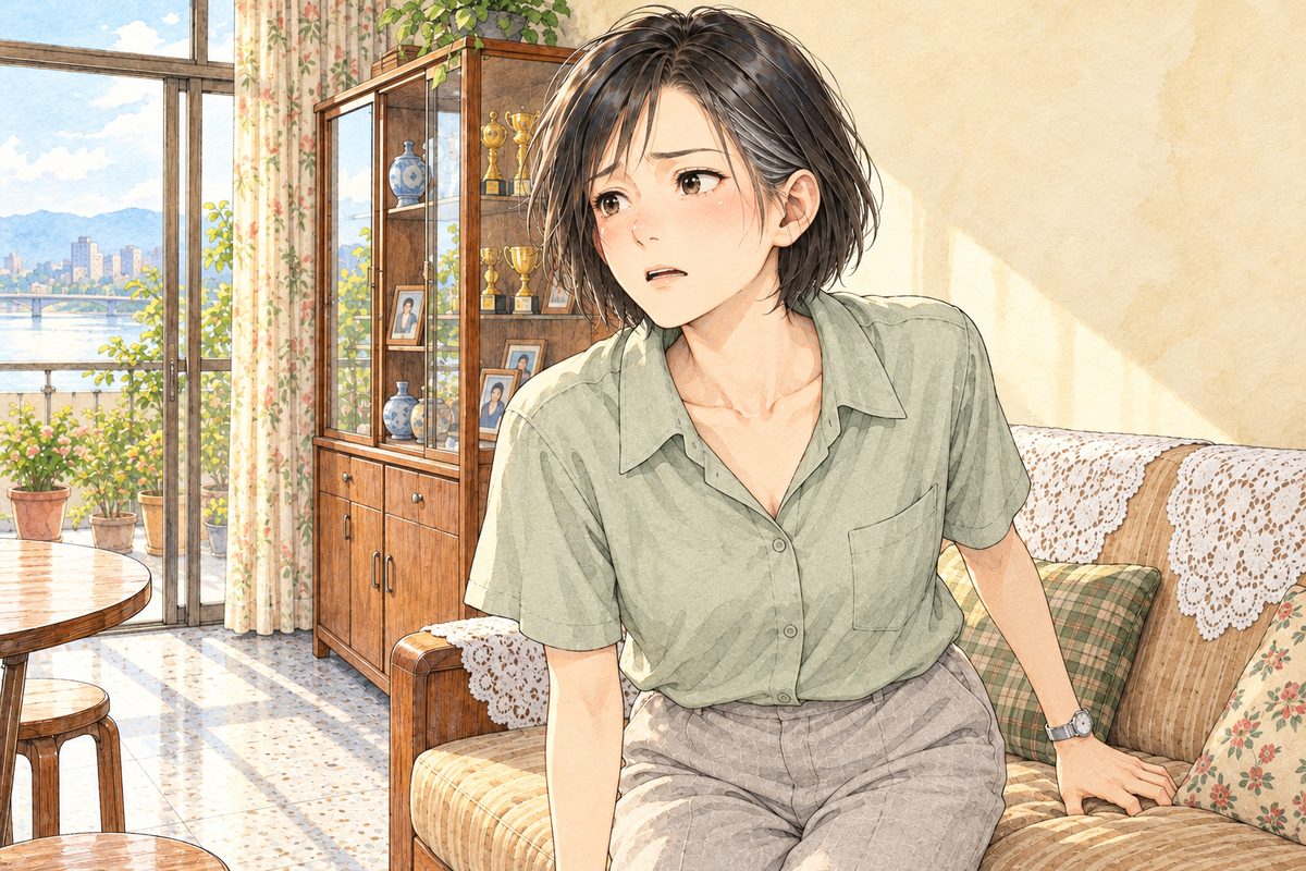 Bright morning. Mama stands up from the sofa, white-faced, looking LEFT at the phone off panel. Her face in the upper middle of the panel. Her blouse below is the quiet area.