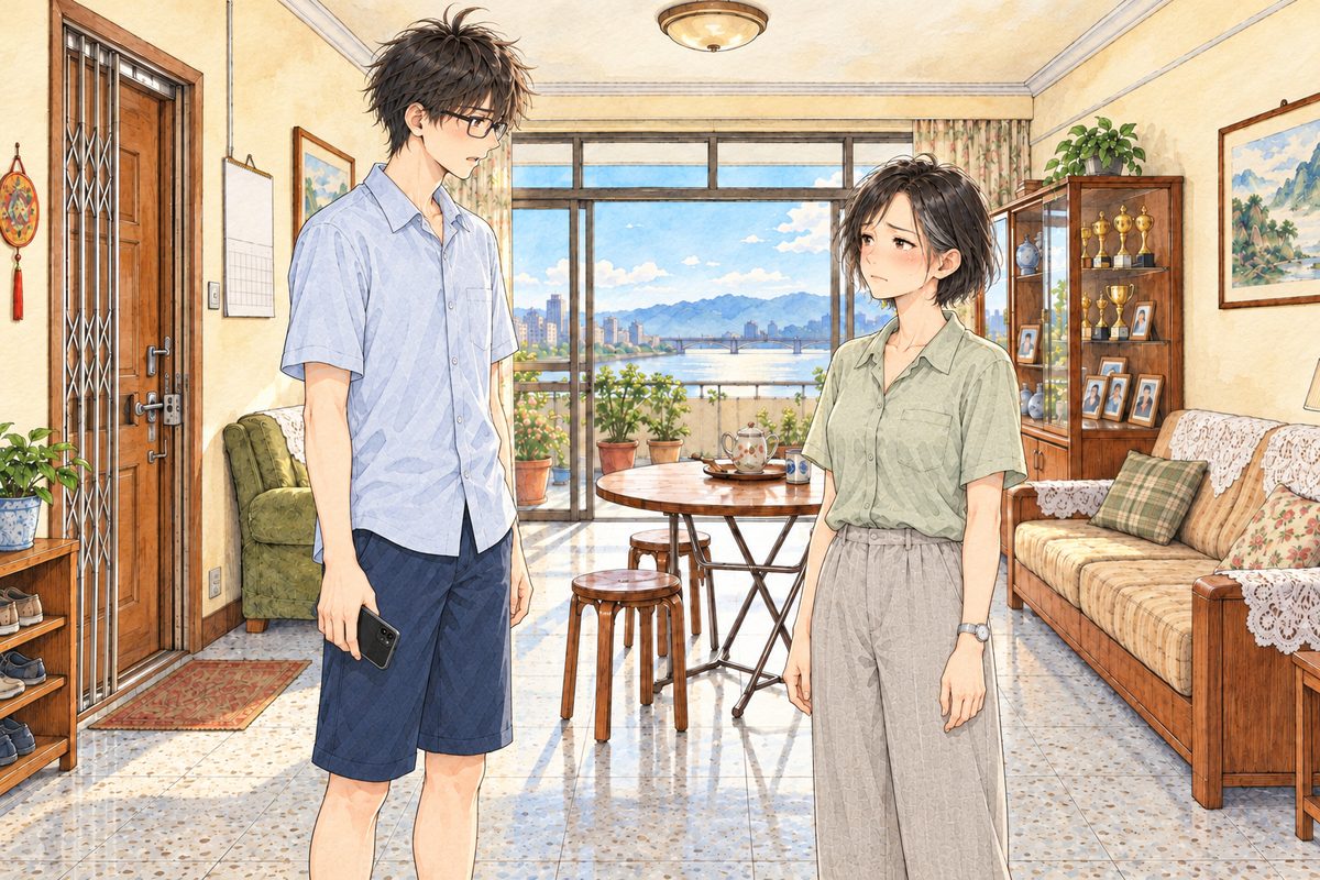 Bright morning. Mama on the RIGHT stands very still, her hands at her sides. Haoran on the LEFT has lowered his phone to his side in his RIGHT hand, stricken, looking RIGHT at her. Two faces in the middle band. The wall above is the quiet area.