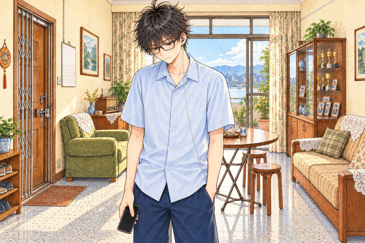 Bright morning. Haoran looks at the floor, stung, his phone hanging in his RIGHT hand. His face in the upper middle of the panel. His shirt below is the quiet area.