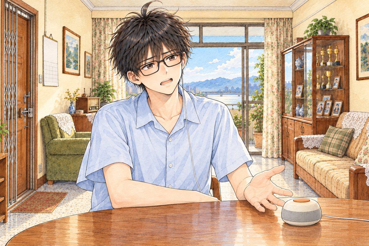 Bright morning. Haoran stands at the round folding table, his LEFT hand open towards the small cream-white Lantern speaker on it, its orange button dull and off, pleading, looking RIGHT at Xiaoyu off panel. His face in the middle of the panel. His shirt below is the quiet area.