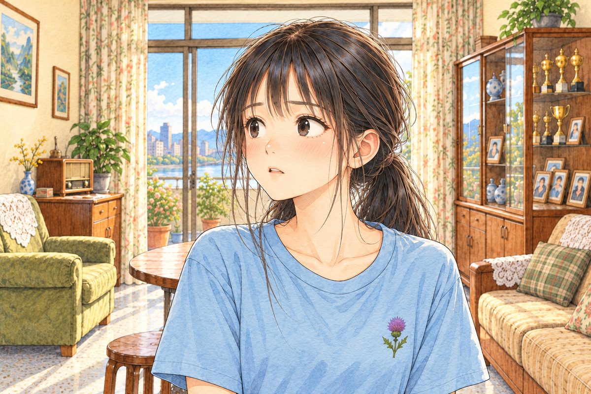 Bright morning. Xiaoyu looks LEFT at Haoran off panel, her eyes wide. Her face in the middle of the panel. Her t-shirt below is the quiet area.