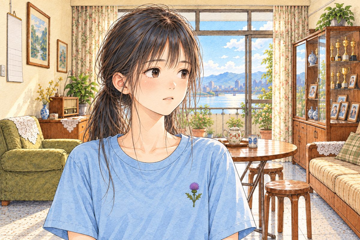 Bright morning, the light from the balcony glass soft on her face. Xiaoyu, close, still, the room going quiet around her. Her face in the upper middle of the panel. Her t-shirt below is the quiet area.