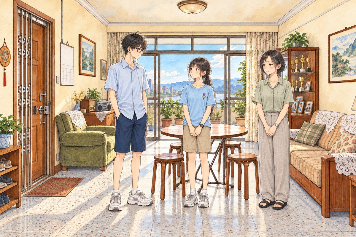 Bright morning, the room still. Haoran stands on the LEFT by the round table, Xiaoyu in the middle, Mama on the RIGHT by the sofa; the tape player stands on the side table far at the LEFT. Three small faces in the middle band. The wall and ceiling above are the quiet area.