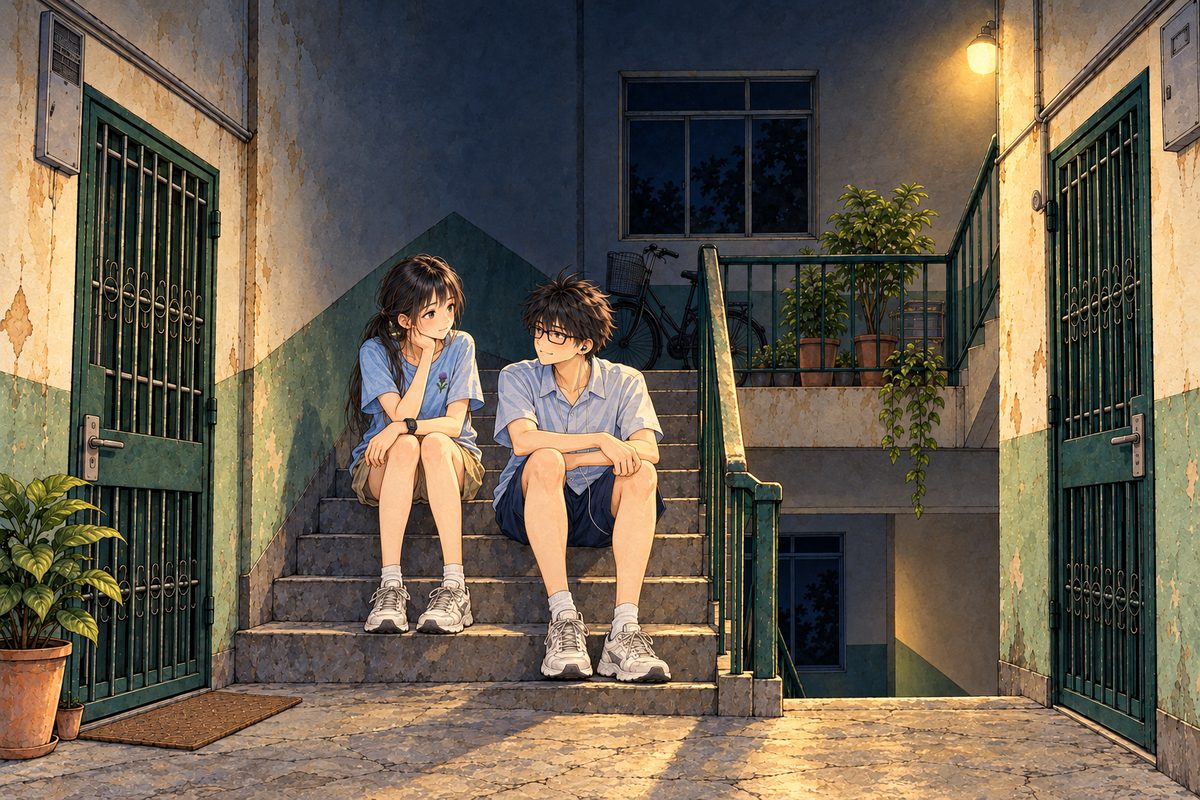 Friday night, nine o'clock, the landing bulb on with a small warm glow, the high window black. Xiaoyu and Haoran sit side by side on the concrete stairs below the fourth-floor landing, Xiaoyu on the LEFT a step higher, Haoran on the RIGHT with his knees up. Two faces in the middle band. The dark wall above is the quiet area.